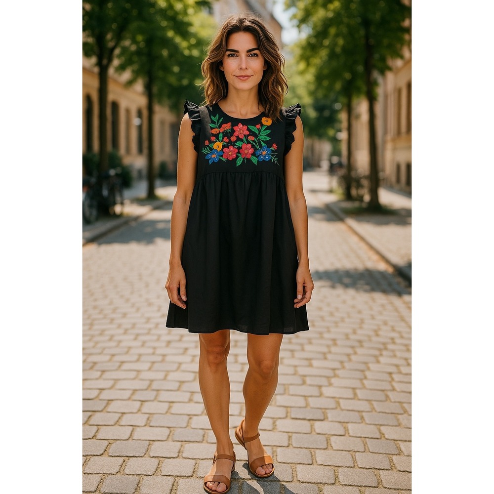 Black Embroidered Floral Ruffle Sleeveless Mini Dress Size Medium